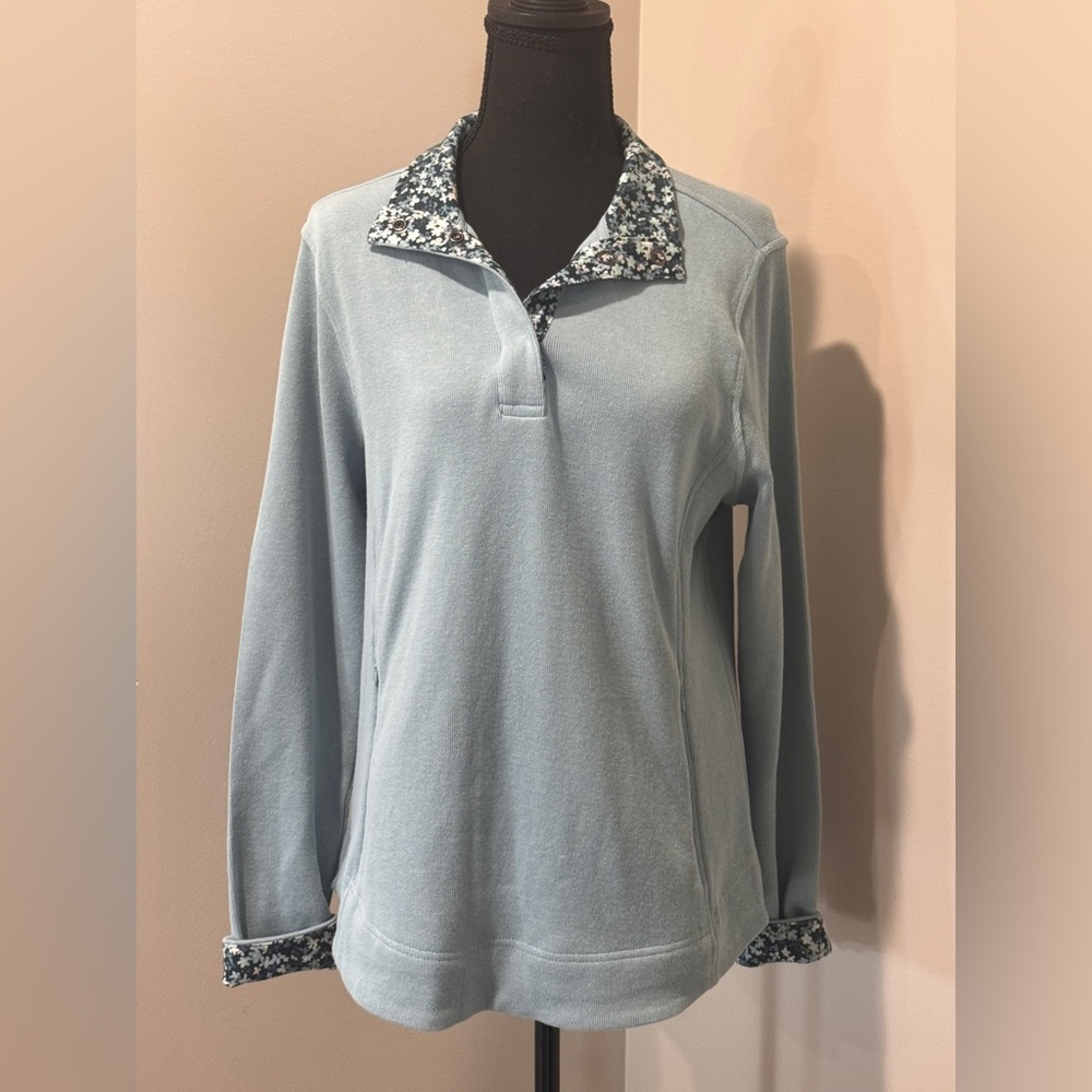 Orvis Cotton Pullover Sweatshirt Floral Trim Snap Neck‎ Women Medium